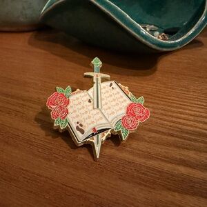 Sword through Book Roses Enamel Pin